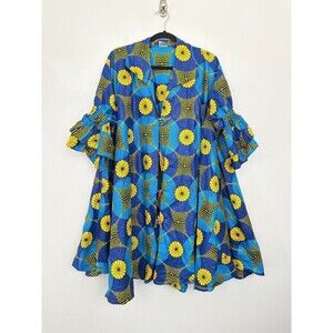 African Stars Cotton A-Line Tiered Sleeve Dress Patterned Floral Blue Women's L